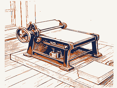 Decorative drawing: a hand-operated flatbed printing press in a small workshop, its lever, bed and ink rollers,.... Not a photograph of this place.
