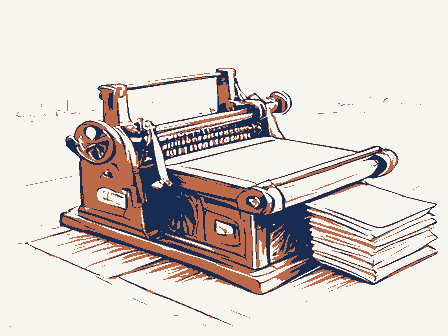 Decorative drawing: a hand-operated flatbed printing press in a small workshop, its lever, bed and ink rollers,.... Not a photograph of this place.