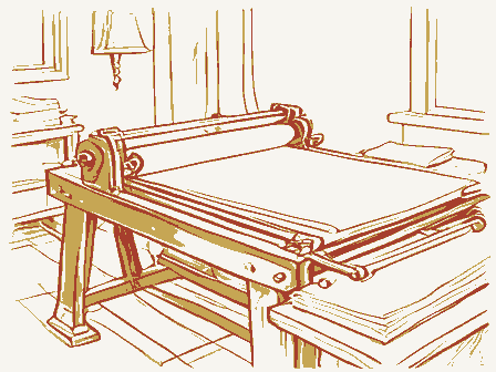 Decorative drawing: a hand-operated flatbed printing press in a small workshop, its lever, bed and ink rollers,.... Not a photograph of this place.