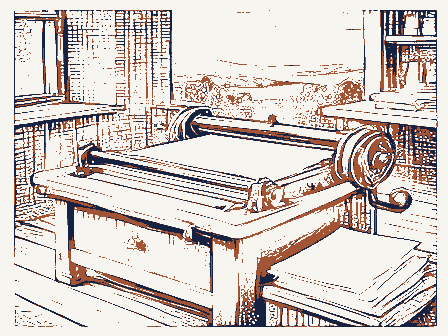 Decorative drawing: a hand-operated flatbed printing press in a small workshop, its lever, bed and ink rollers,.... Not a photograph of this place.
