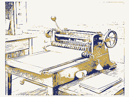 Decorative drawing: a hand-operated flatbed printing press in a small workshop, its lever, bed and ink rollers,.... Not a photograph of this place.