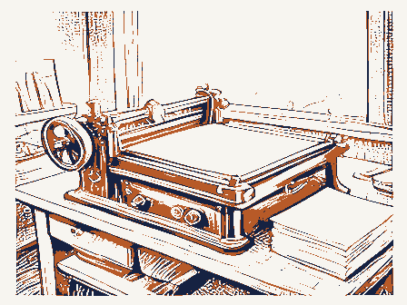 Decorative drawing: a hand-operated flatbed printing press in a small workshop, its lever, bed and ink rollers,.... Not a photograph of this place.