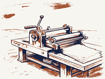 Decorative drawing: a hand-operated flatbed printing press in a small workshop, its lever, bed and ink rollers,.... Not a photograph of this place.