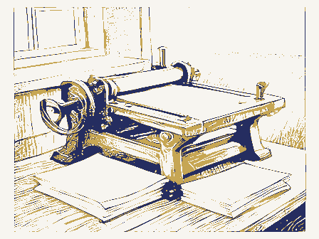 Decorative drawing: a hand-operated flatbed printing press in a small workshop, its lever, bed and ink rollers,.... Not a photograph of this place.