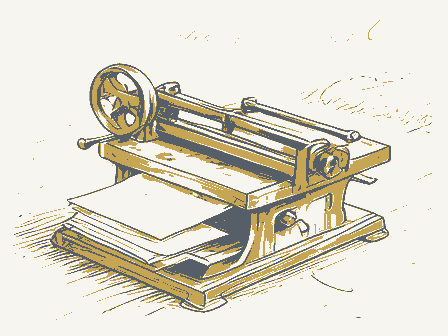 Decorative drawing: a hand-operated flatbed printing press in a small workshop, its lever, bed and ink rollers,.... Not a photograph of this place.