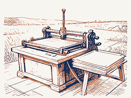 Decorative drawing: a hand-operated flatbed printing press in a small workshop, its lever, bed and ink rollers,.... Not a photograph of this place.