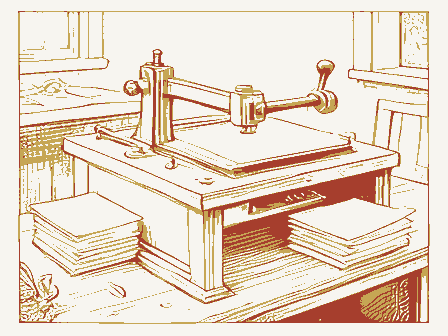 Decorative drawing: a hand-operated flatbed printing press in a small workshop, its lever, bed and ink rollers,.... Not a photograph of this place.