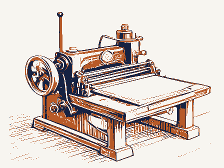 Decorative drawing: a hand-operated flatbed printing press in a small workshop, its lever, bed and ink rollers,.... Not a photograph of this place.