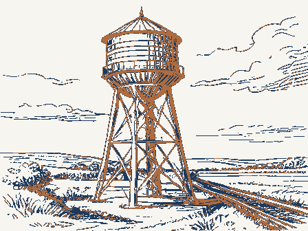 Decorative drawing: a tall water tower on latticed legs with a conical roof beside a rail line. Not a photograph of this place.