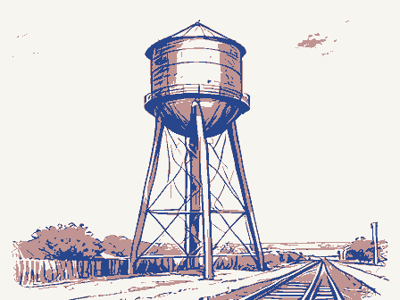 Decorative drawing: a tall water tower on latticed legs with a conical roof beside a rail line. Not a photograph of this place.