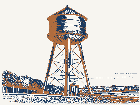 Decorative drawing: a tall water tower on latticed legs with a conical roof beside a rail line. Not a photograph of this place.