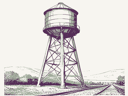 Decorative drawing: a tall water tower on latticed legs with a conical roof beside a rail line. Not a photograph of this place.