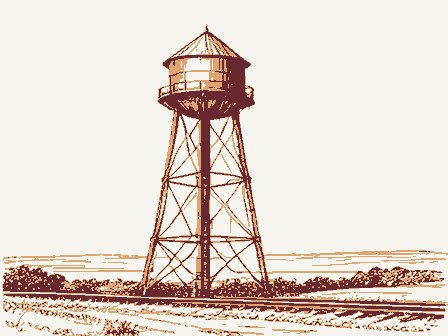 Decorative drawing: a tall water tower on latticed legs with a conical roof beside a rail line. Not a photograph of this place.