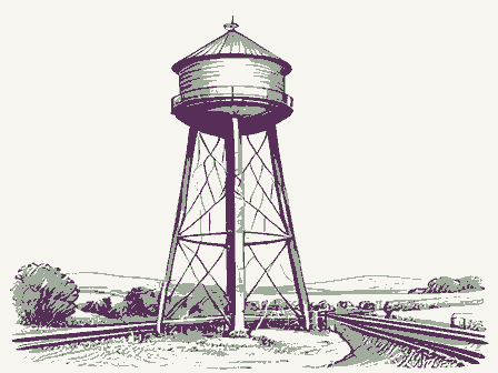 Decorative drawing: a tall water tower on latticed legs with a conical roof beside a rail line. Not a photograph of this place.