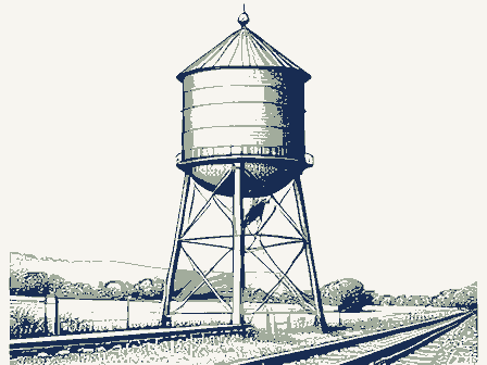 Decorative drawing: a tall water tower on latticed legs with a conical roof beside a rail line. Not a photograph of this place.