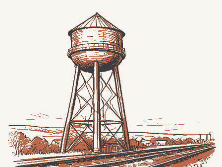 Decorative drawing: a tall water tower on latticed legs with a conical roof beside a rail line. Not a photograph of this place.