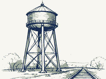 Decorative drawing: a tall water tower on latticed legs with a conical roof beside a rail line. Not a photograph of this place.