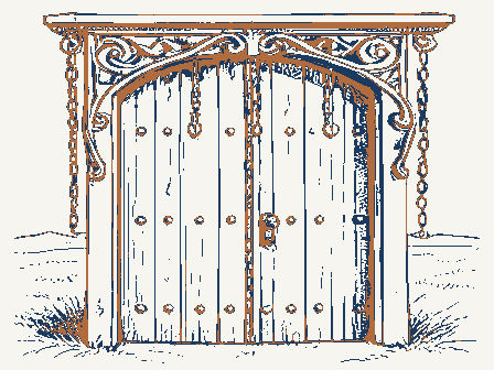 Decorative drawing: an ornate wrought-iron bracket with hanging chains over a studded plank door. Not a photograph of this place.