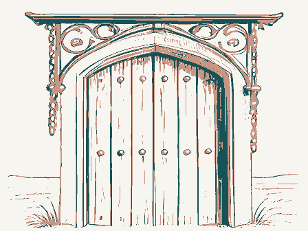 Decorative drawing: an ornate wrought-iron bracket with hanging chains over a studded plank door. Not a photograph of this place.