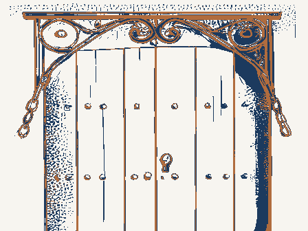 Decorative drawing: an ornate wrought-iron bracket with hanging chains over a studded plank door. Not a photograph of this place.