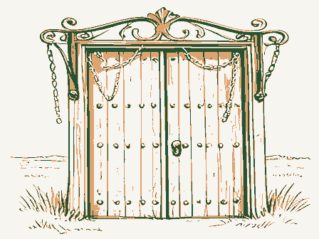 Decorative drawing: an ornate wrought-iron bracket with hanging chains over a studded plank door. Not a photograph of this place.