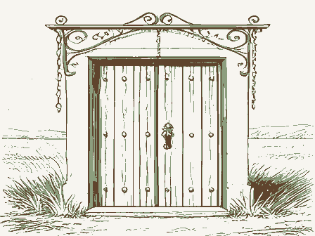 Decorative drawing: an ornate wrought-iron bracket with hanging chains over a studded plank door. Not a photograph of this place.