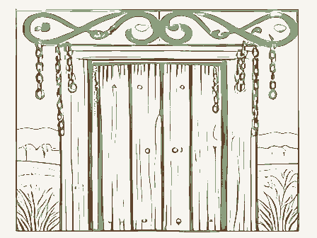 Decorative drawing: an ornate wrought-iron bracket with hanging chains over a studded plank door. Not a photograph of this place.