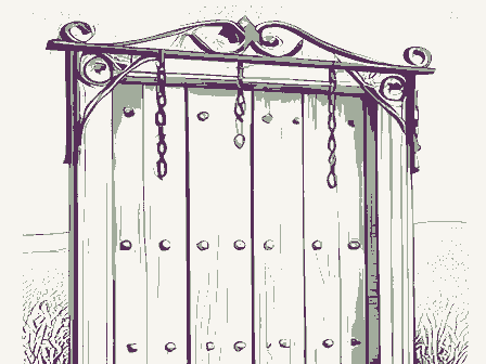 Decorative drawing: an ornate wrought-iron bracket with hanging chains over a studded plank door. Not a photograph of this place.