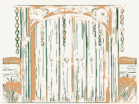 Decorative drawing: an ornate wrought-iron bracket with hanging chains over a studded plank door. Not a photograph of this place.