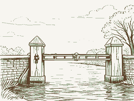 Decorative drawing: a lock keeper's house beside canal lock gates with balance beams. Not a photograph of this place.
