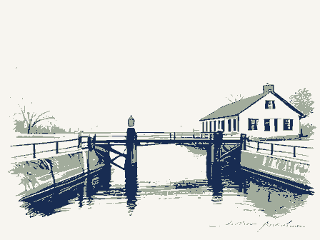 Decorative drawing: a lock keeper's house beside canal lock gates with balance beams. Not a photograph of this place.