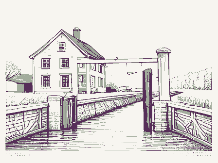 Decorative drawing: a lock keeper's house beside canal lock gates with balance beams. Not a photograph of this place.