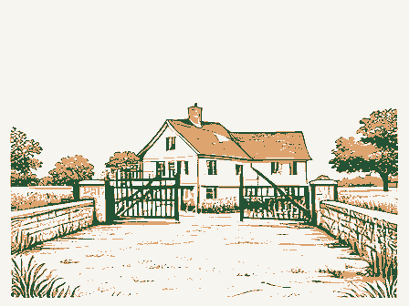 Decorative drawing: a lock keeper's house beside canal lock gates with balance beams. Not a photograph of this place.