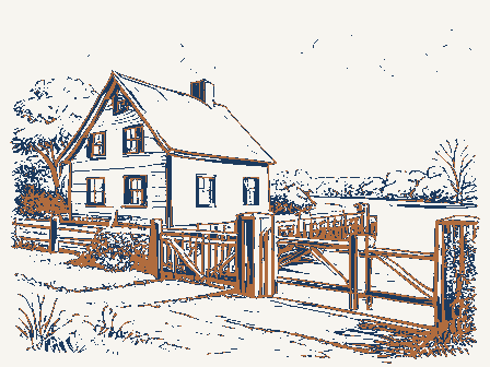 Decorative drawing: a lock keeper's house beside canal lock gates with balance beams. Not a photograph of this place.