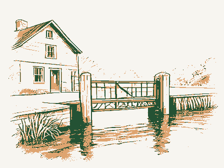 Decorative drawing: a lock keeper's house beside canal lock gates with balance beams. Not a photograph of this place.