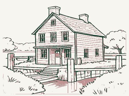 Decorative drawing: a lock keeper's house beside canal lock gates with balance beams. Not a photograph of this place.