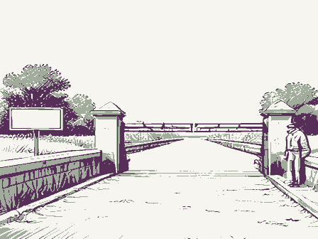 Decorative drawing: a lock keeper's house beside canal lock gates with balance beams. Not a photograph of this place.