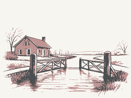 Decorative drawing: a lock keeper's house beside canal lock gates with balance beams. Not a photograph of this place.