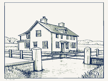 Decorative drawing: a lock keeper's house beside canal lock gates with balance beams. Not a photograph of this place.