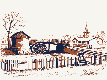 Decorative drawing: a farm township drawn in detail. Not a photograph of this place.