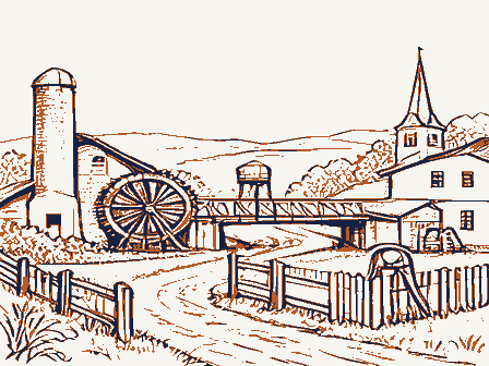 Decorative drawing: a farm township drawn in detail. Not a photograph of this place.