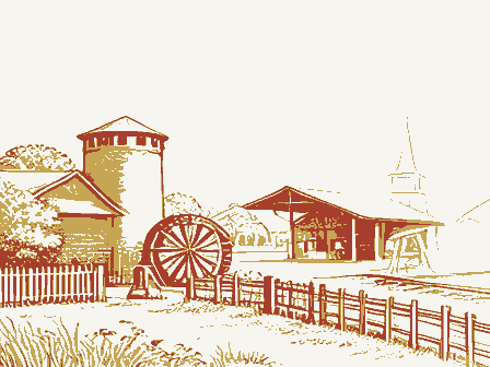 Decorative drawing: a farm township drawn in detail. Not a photograph of this place.