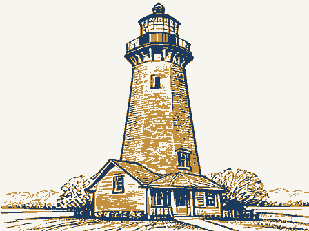 Decorative drawing: a tall brick lighthouse with a lantern gallery, spiral stair windows and a keeper's cottage.... Not a photograph of this place.