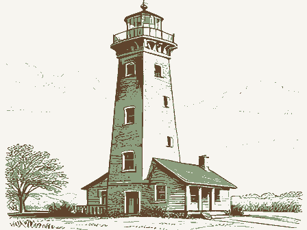 Decorative drawing: a tall brick lighthouse with a lantern gallery, spiral stair windows and a keeper's cottage.... Not a photograph of this place.