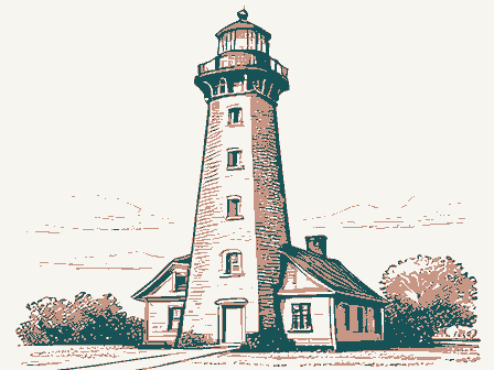 Decorative drawing: a tall brick lighthouse with a lantern gallery, spiral stair windows and a keeper's cottage.... Not a photograph of this place.