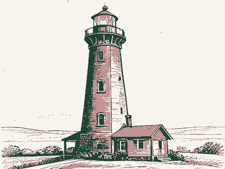 Decorative drawing: a tall brick lighthouse with a lantern gallery, spiral stair windows and a keeper's cottage.... Not a photograph of this place.