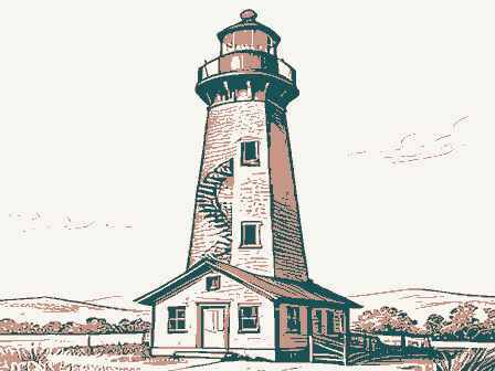 Decorative drawing: a tall brick lighthouse with a lantern gallery, spiral stair windows and a keeper's cottage.... Not a photograph of this place.