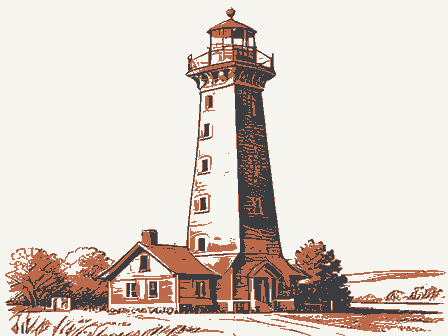 Decorative drawing: a tall brick lighthouse with a lantern gallery, spiral stair windows and a keeper's cottage.... Not a photograph of this place.