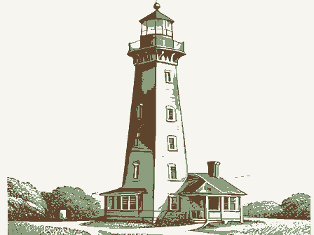 Decorative drawing: a tall brick lighthouse with a lantern gallery, spiral stair windows and a keeper's cottage.... Not a photograph of this place.