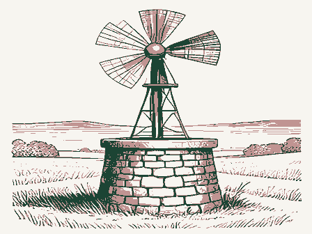 Decorative drawing: a farm wind pump with a many-bladed fan over a stone well head. Not a photograph of this place.